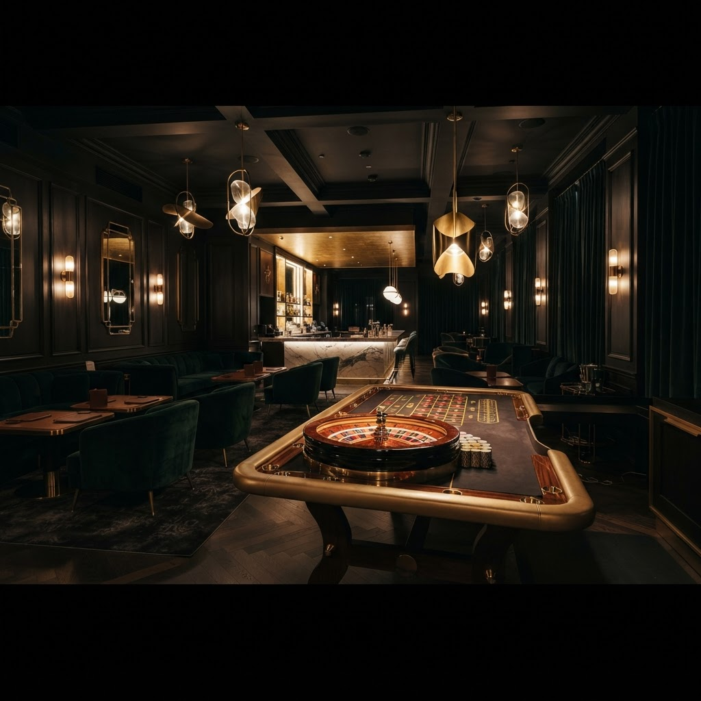 Elegant Lady Luck Lodge casino hotel lounge with a roulette table
